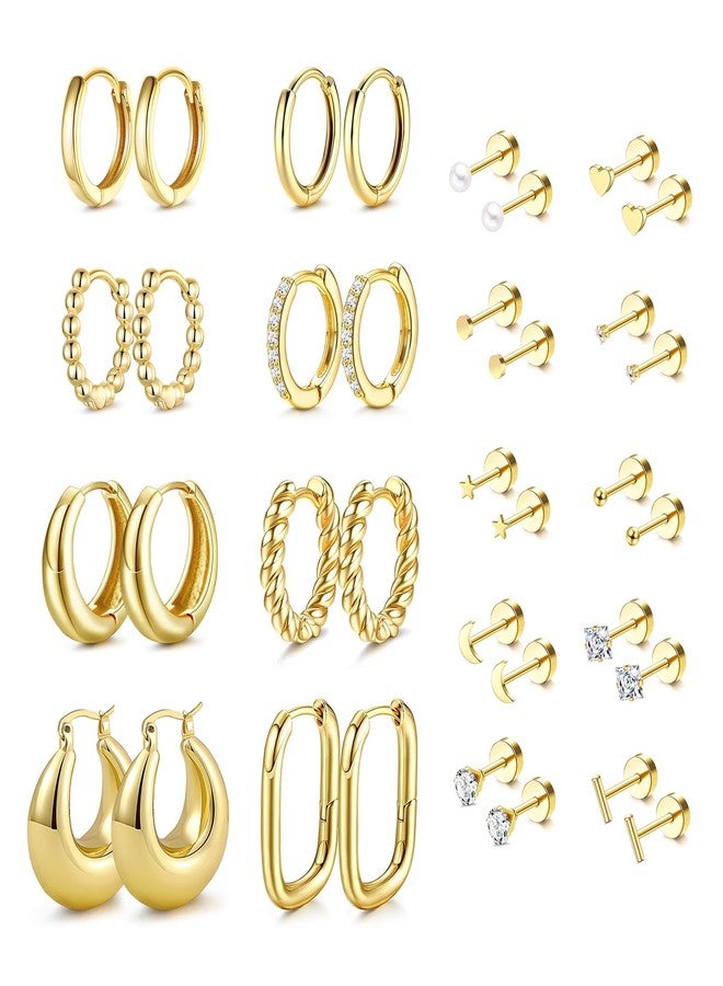 FEYIR 18 Pairs Hoop Stud Earrings Set for Women Flat Back Stud Dainty Chunky Hoop Earring Hypoallergenic Stackable Earrings Sets for Multiple Piercing - Image 1